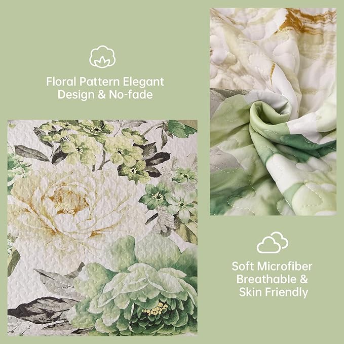 WONGS BEDDING Floral Quilt Set Green Queen, Quilted Printed Lightweight - Image 4