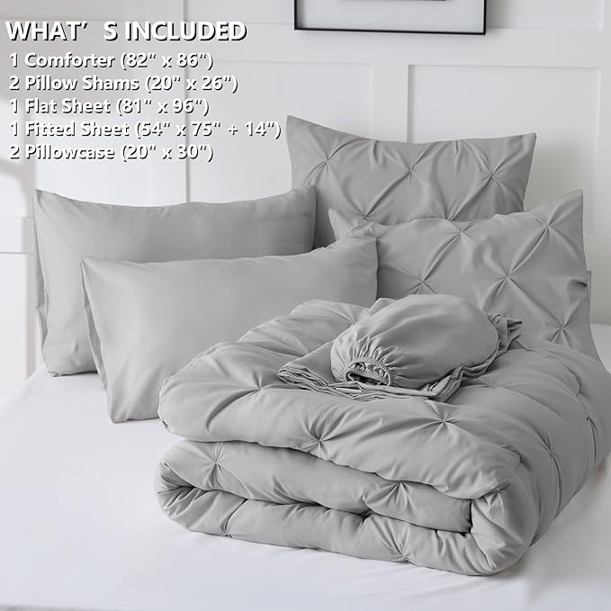 HIMEET Pintuck Bed in a Bag, 7 Pieces Full Size Comforter Set Light Grey - Image 8