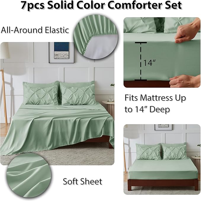 CozyLux Queen Comforter Set Sage Green, 7 Pieces Pintuck Bed in A Bag, Premium - Image 6