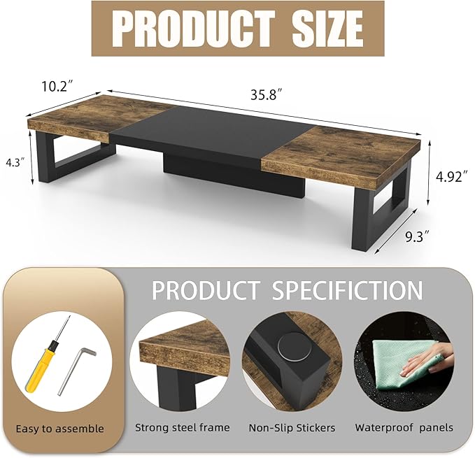 WESTREE Dual Monitor Stand Riser, Wood and Steel Monitor Stand Riser, Computer Monitor Stand for 2 Monitors, Multi-Purpose Desktop Storage Stand for Computer,Laptop,Printer,TV-DeskoryOffice