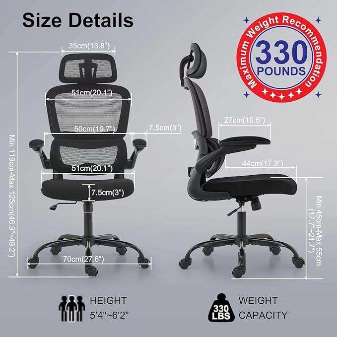 TRALT Office Chair Ergonomic Desk Chair, 330 LBS Home Mesh Office Desk Chairs with Wheels, Comfortable Gaming Chair, High Back Office Chair for Long Hours (Black)-DeskoryOffice