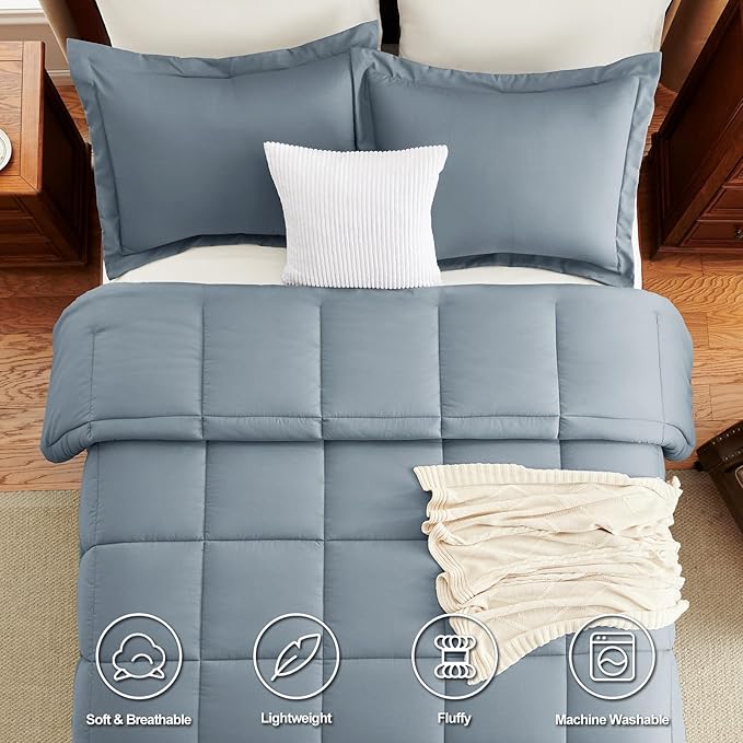 CozyLux Oversized King Comforter Set, 3 Pieces Grayish Blue 120x98 Box Stitched - Image 4