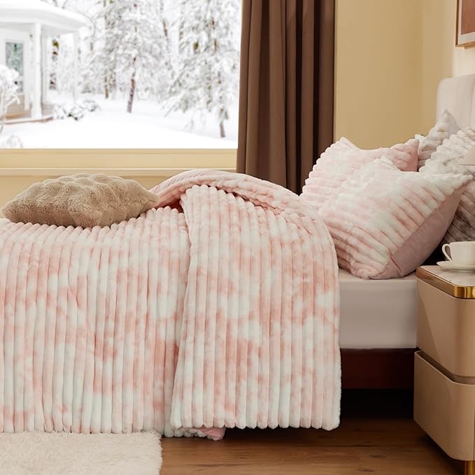 BEDELITE Fleece King Comforter Set -Super Soft & Warm Fluffy Pink&White Bedding - Image 4