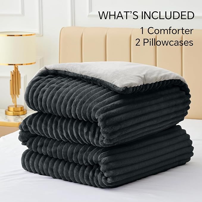 BEDELITE Fleece Full Comforter Set -Super Soft & Warm Fluffy Black Bedding - Image 6