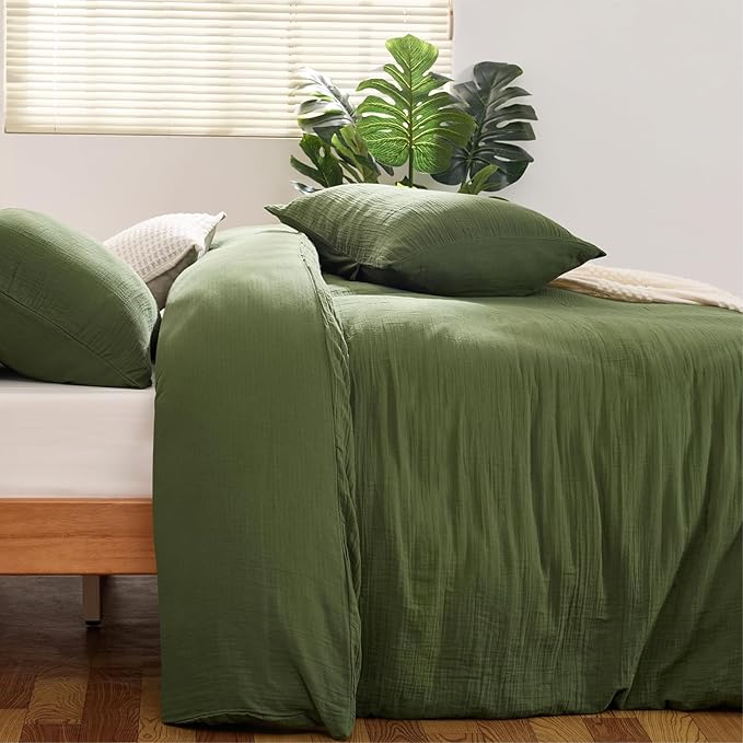 Green Duvet Cover Queen Size, 100% Sandwashed Cotton Soft Queen Duvet Cover Set - Image 8