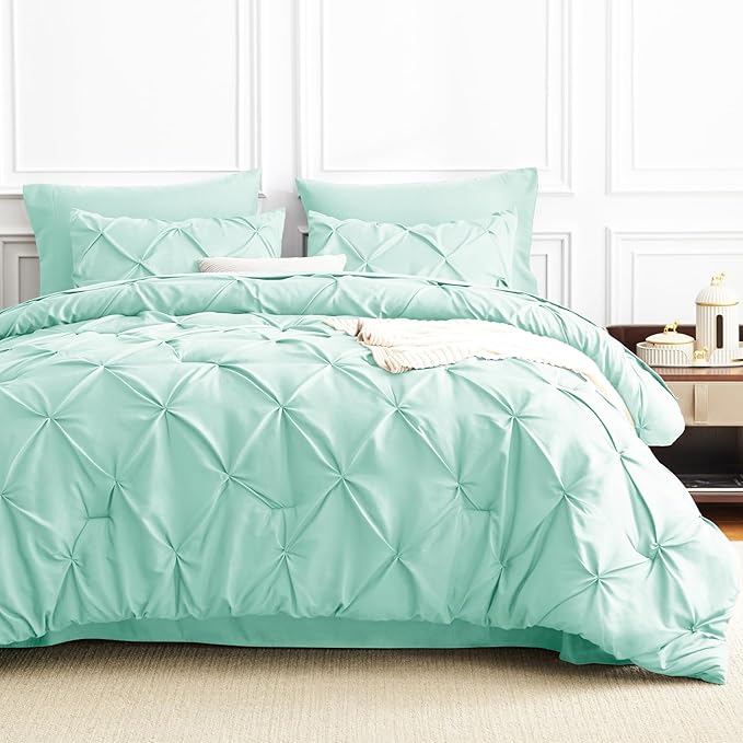CozyLux King Size Comforter Set Mint Green, 7 Pieces Pintuck Bed in A Bag Green - Image 8