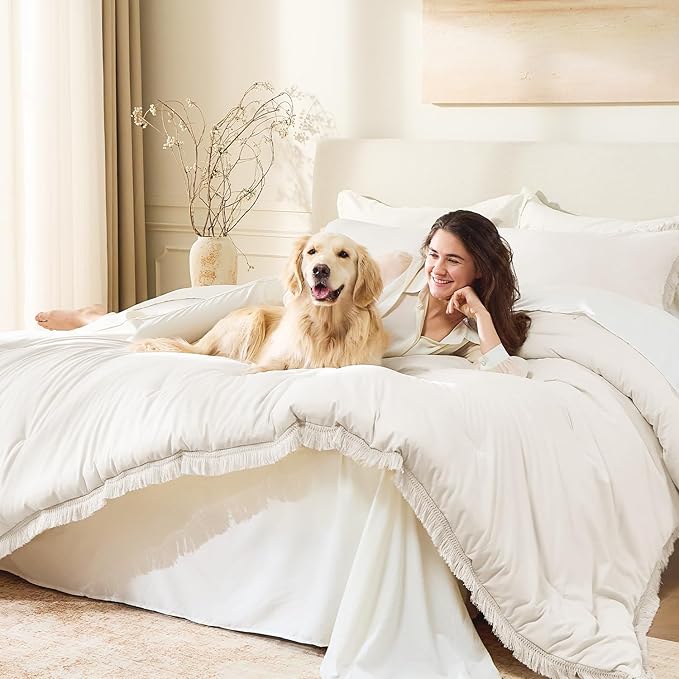 Andency King Size Comforter Set Beige, 3 Pieces Boho Lightweight Tassel Fluffy - Image 5