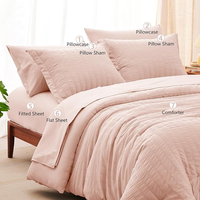 CozyLux Oversized King Comforter Set Blush Pink Seersucker 7 Pieces 120x98 Bed - Image 8
