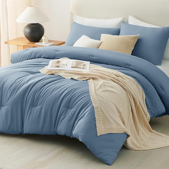 CozyLux Grayish Blue King Size Comforter Set, 3 Pieces Dusty Blue Solid - Image 8