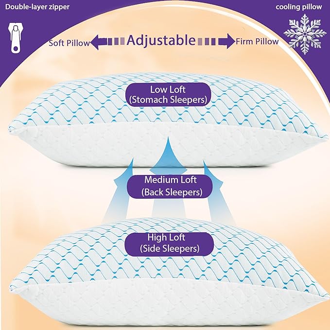 VAINOC Memory Foam Pillows Queen Size Set of 2, Adjustable Cooling Pillow - Image 8