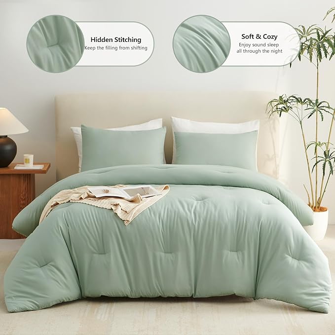 CozyLux Full Size Comforter Set Sage Green, 3 Pieces Solid Breathable Quilted - Image 2