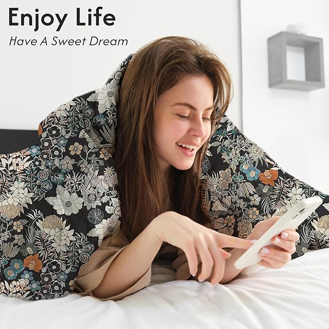 LONAVA King Flower 3 Pcs Duvet Cover Set, Breathable Soft Microfiber Black - Image 4