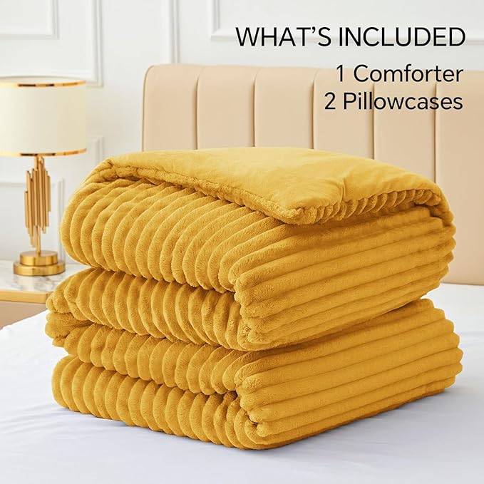BEDELITE Fleece Queen Comforter Set -Super Soft & Warm Fluffy Mustard Yellow - Image 6