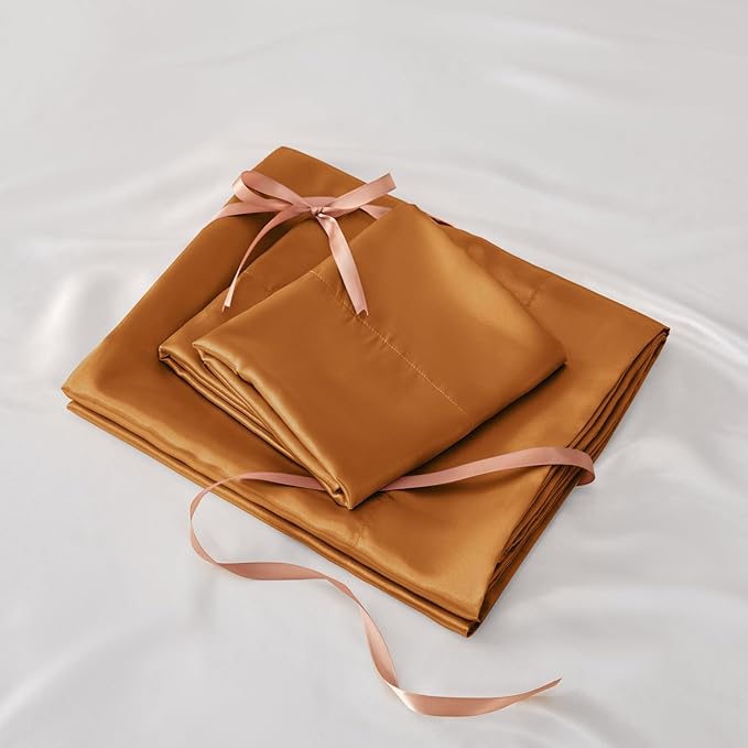 BEDELITE Satin Sheets Twin XL Size Bed Set, Luxury Soft Burnt Orange Silky - Image 7