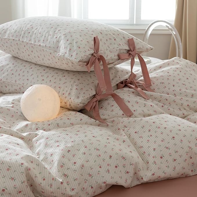 mixinni White Flower Pattern Duvet Cover King Pink Floral Stripes Duvet Cover - Image 3