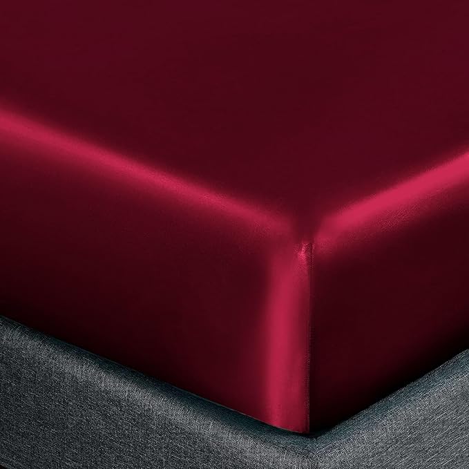 Homiest Burgundy Satin Fitted Sheet Queen Size, Deep Pocket, Luxury & Ultra - Image 3