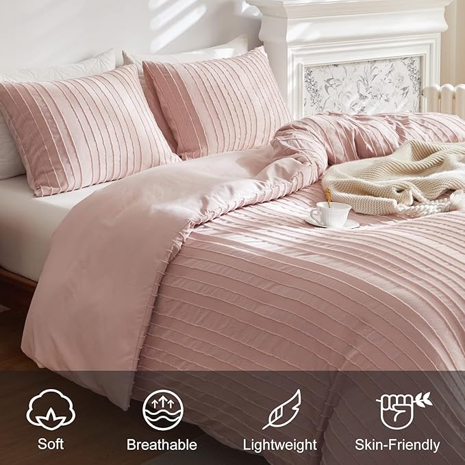 WARMDERN Pink Tufted Duvet Cover Set Queen Size, Striped Textured Duvet Cover - Image 3
