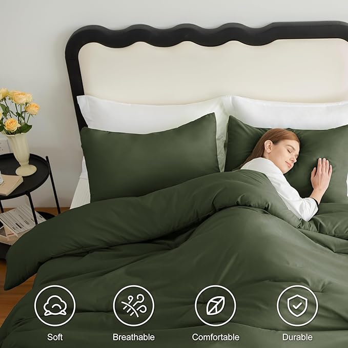 CozyLux Oversized King Comforter Set Olive Green, 3 Pieces 120x98 Solid - Image 5