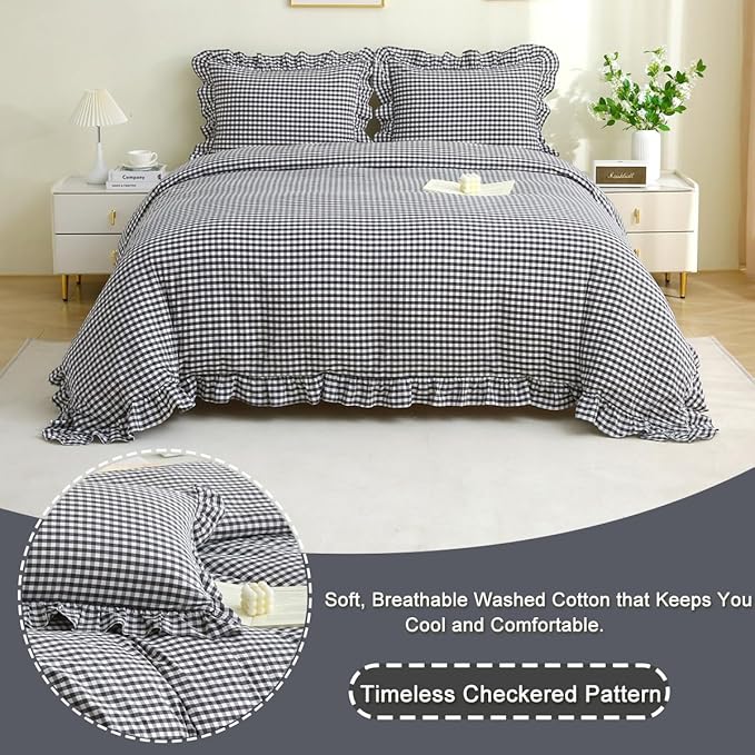 Silnuo Black/White Checkered Ruffle 3-Piece Duvet Cover Set Queen Size - Image 3
