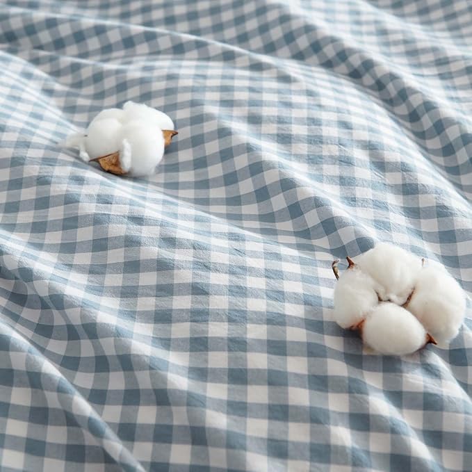 Nayoroom Gingham Duvet Cover Queen Size 100% Washed Cotton Blue Plaid Checkered - Image 5