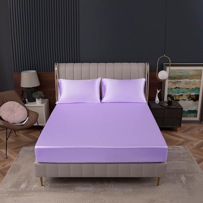 Homiest Lavender Satin Fitted Twin XL Size Bed Sheet, Deep Pocket, Luxury & - Image 2