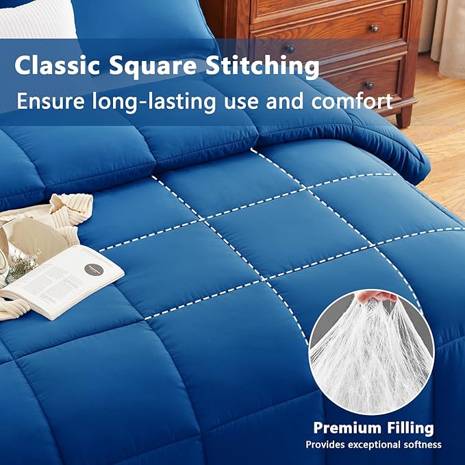 CozyLux Oversized King Comforter Set, 3 Pieces Classic Blue 120x98 Box Stitched - Image 2