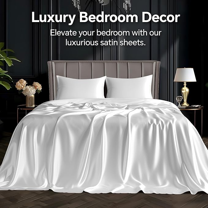 BEDELITE Satin Sheets Full Size Bed Set, Luxury Soft White Silky Sheet - Image 2