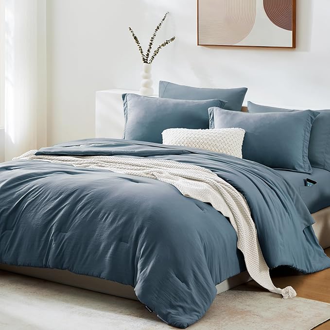 WRENSONGE Queen Comforter Set- 7 Pieces Soft Oxford Blue Bed in a Bag - Image 2