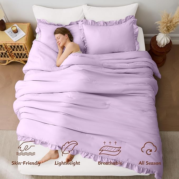 FUANNA Queen Comforter Set Lavender, 3 Pieces Ruffle Queen Bed Set, Fluffy Bed - Image 2