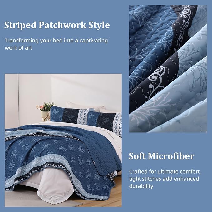 DJY Stripe Quilt Set King Size Blue Bedspread Coverlet Set 3 Pieces Boho Branch - Image 7