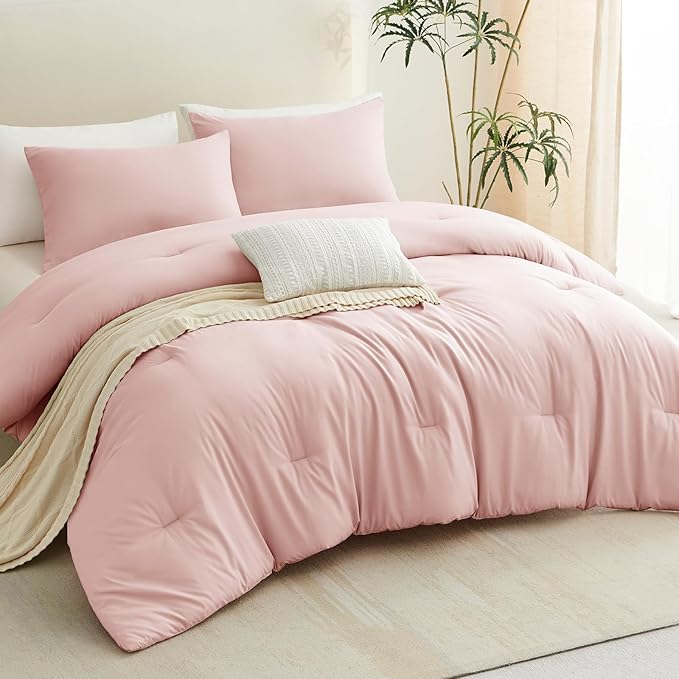 CozyLux Full Size Comforter Set Blush Pink, 3 Pieces Solid Breathable Quilted - Image 9