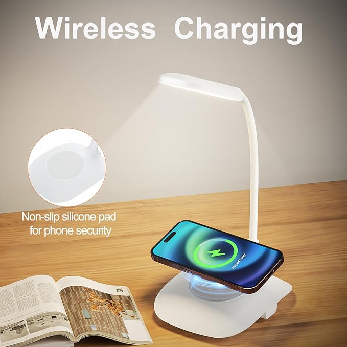 LED Desk Lamp Wireless Charging Desk Lamp with Touch Control Dimmable Office Desk Light Eye-Caring Office Lamp with Adjustable Gooseneck Table Lamp, Reading Lamp Table Lamp for Bedroom Bedside Study-DeskoryOffice
