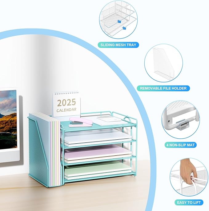 Spacrea Desk Organizers and Accessories, Paper Organizer for Desk with File Organizer, Desk Accessories & Workspace Organizers for Office Supplies (Blue)-DeskoryOffice