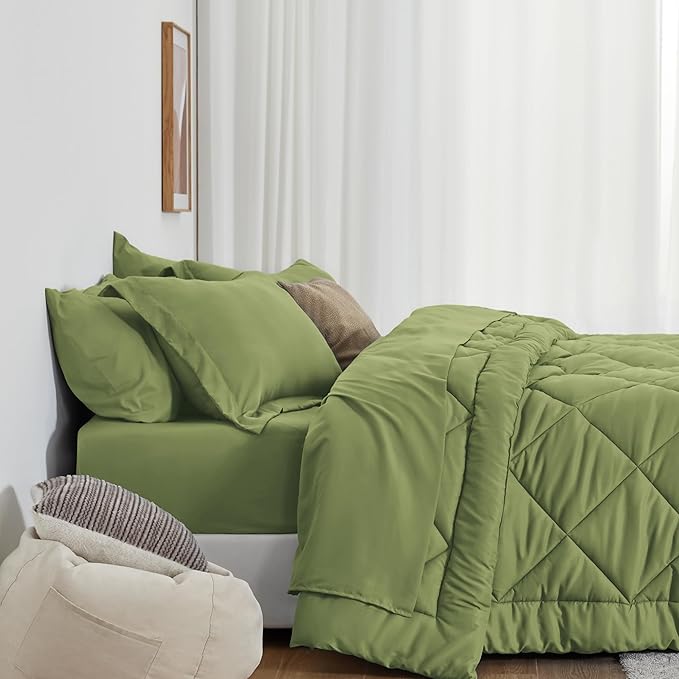 Love's cabin Queen Comforter Set Olive Green, 7 Pieces Queen Bed in a Bag - Image 2