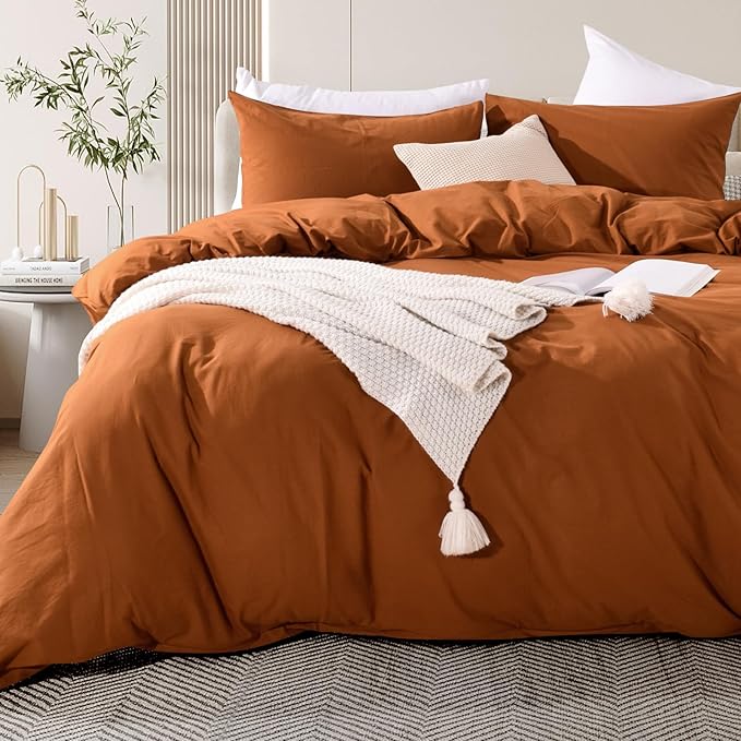 NEXHOME PRO Terracotta Burnt Orange Duvet Cover Set Queen Size Linen Textured - Image 5