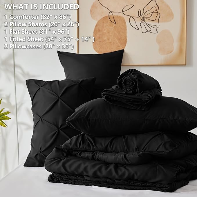 HIMEET Pintuck Bed in a Bag, 7 Pieces Full Size Comforter Set Black, Luxury - Image 7