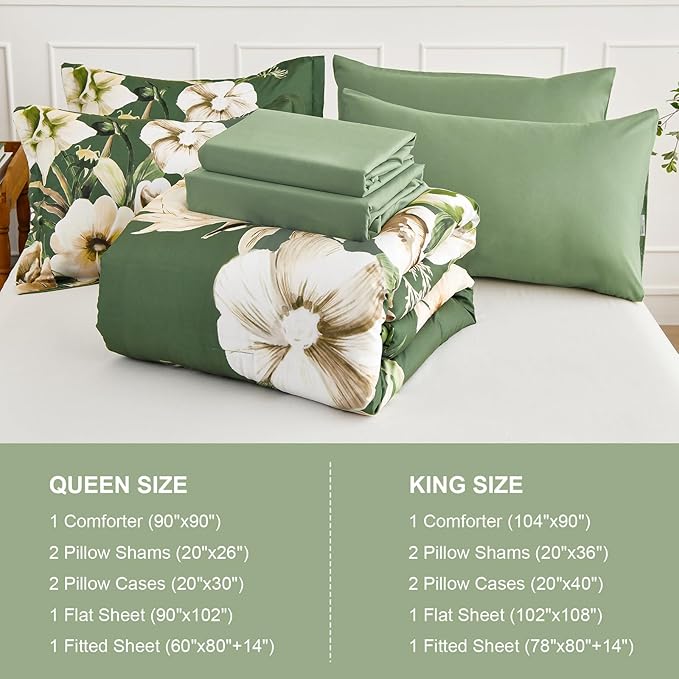 Luxudecor Floral Comforter Set Queen Size 7 Piece, Olive Green Flower Bed in a - Image 7