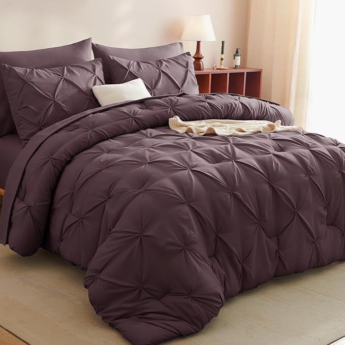 CozyLux Queen Comforter Set Cocoa Powder, 7 Pieces Pintuck Bed in A Bag by CozyLux