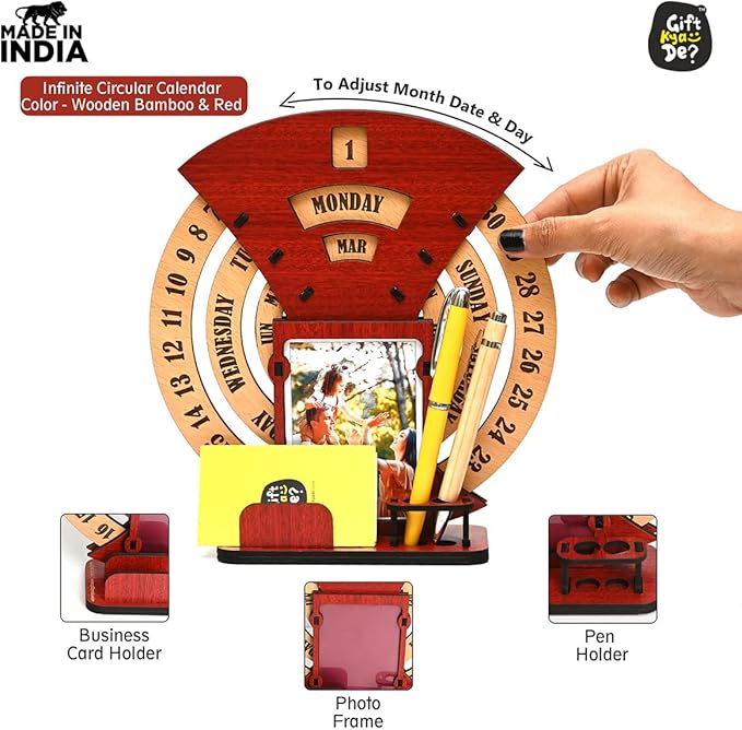 GKD Wooden Desk/Table Calendar to Lifetime Infinite Calendar 2025 with Desk Organizer and Photo Frame for Office/Home (‎Red)-DeskoryOffice