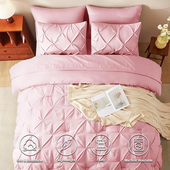 HIMEET Pintuck Bed in a Bag, 7 Pieces King Size Comforter Set Pink, Luxury - Image 2