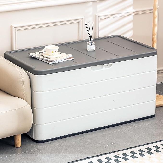 100 Gallon Plus Resin Deck Box, Waterproof Outdoor Storage Bin for Patio Furniture, Pool Accessories, and Garden Tools, Lockable & UV-Resistant, White-DeskoryOffice