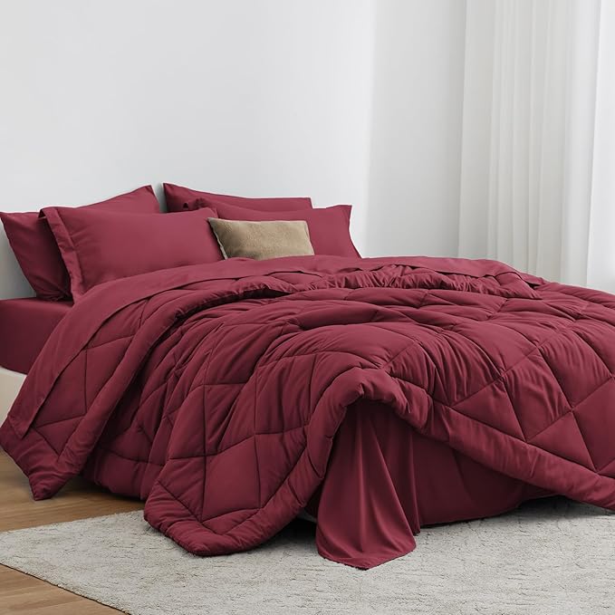 Love's cabin California King Comforter Set Burgundy, 7 Pieces California King by Lovescabin