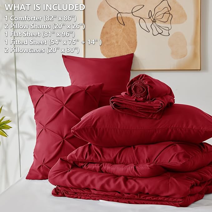HIMEET Pintuck Bed in a Bag, 7 Pieces Full Size Comforter Set Dark Red - Image 8