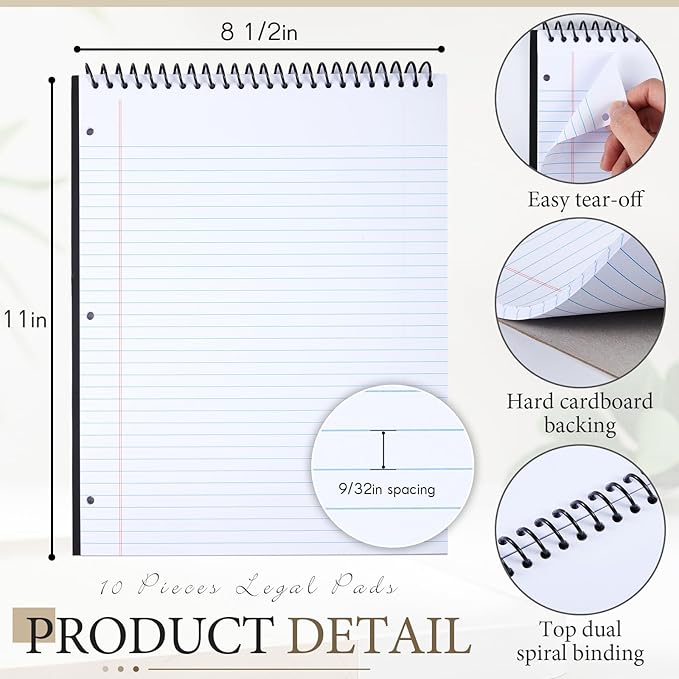 10 Packs 8.5" x 11" Top Spiral Notebook with 3 Hole Punched Legal Pads College Ruled Notepad 50 Sheets Hard Cardboard Paper Wirebound Notepad for Office School Business (White)-DeskoryOffice