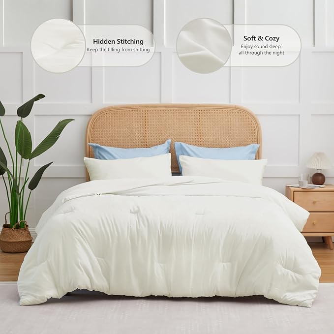 CozyLux Queen Comforter Set Ivory, 3 Pieces Solid Comforters Queen Size - Image 2