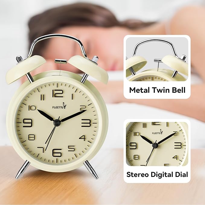 (Loud Alarm for Deep Sleepers 4'' Twin Bell Alarm Clock, Stereo Digital Dial Alarm Clock with Backlight for Bedroom and Home Decoration(Cream Cheese)