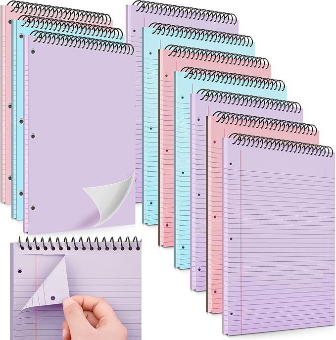10 Packs 8.5" x 11" Top Spiral Notebook with 3 Hole Punched Legal Pads College Ruled Notepad 50 Sheets Hard Cardboard Paper Wirebound Notepad for Office School Business (Pink,Blue,Purple)-DeskoryOffice