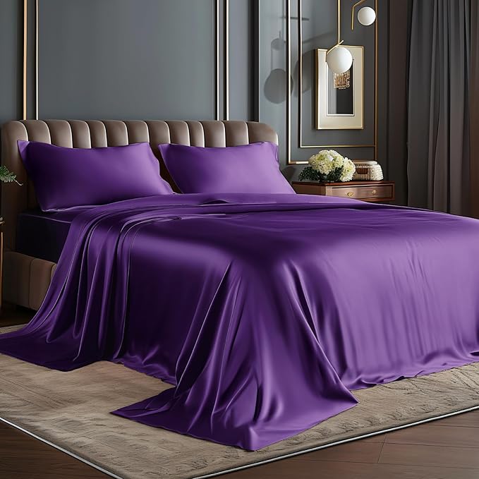 BEDELITE King Size Sheets Set, Luxury Soft Plum Purple Satin Sheets by BEDELITE
