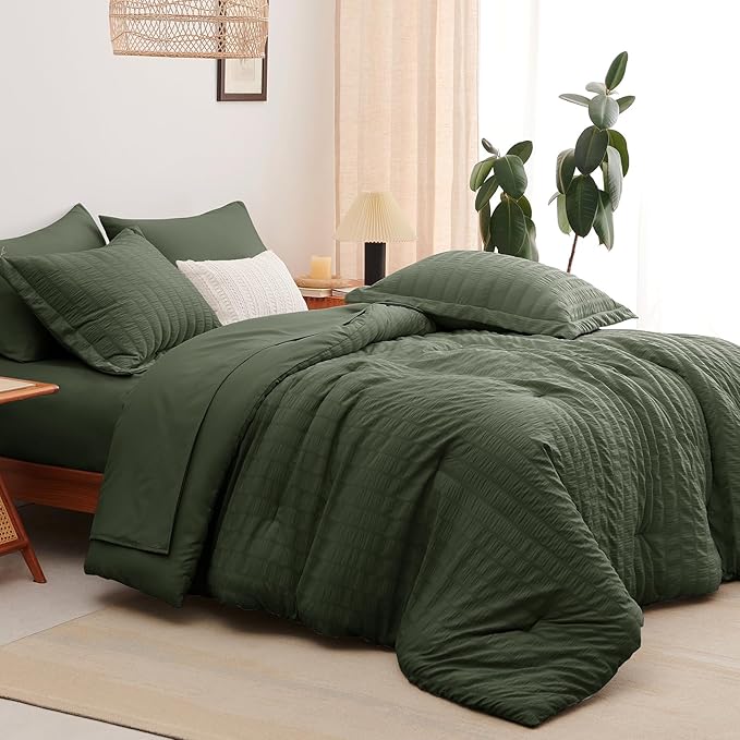 CozyLux King Size Comforter Set Dark Green Seersucker 7 Pieces Bed in a Bag - Image 8