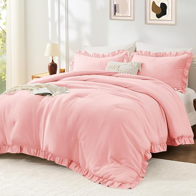 FUANNA Full Size Comforter Sets Pink, 3 Pieces Ruffle Full Size Bedding Sets by FUANNA